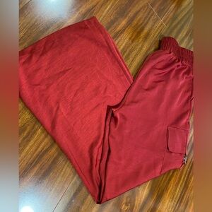 Women’s Wide Leg  silky metallic Red Cargo Pants  with side pockets size Large